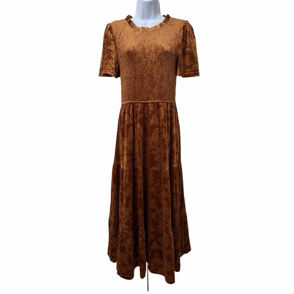 Simplee Ruffle Neck Smocked Velvet Floral Maxi Dress Size M Orange Cottage Event
